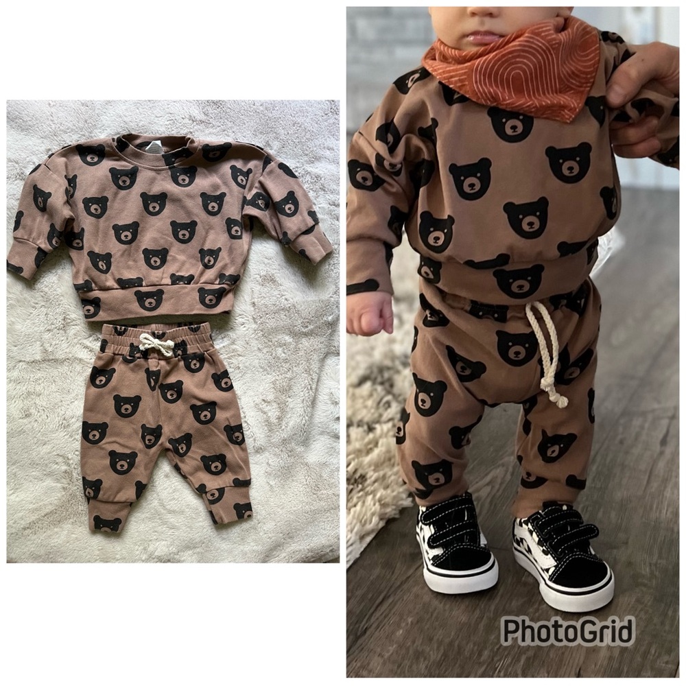Little One Shop Brown Bear Cotton Pants Sweatshirt Set 0-3M